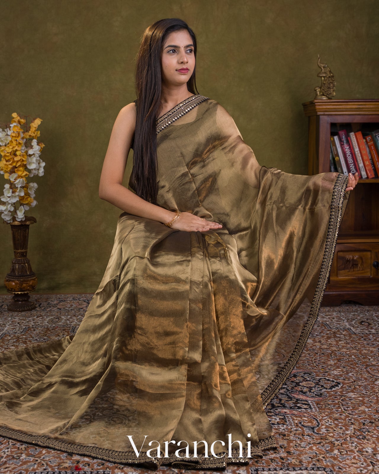 Black and Gold Sequin Embroidery Bordered Pure Tissue Kora Silk Saree — Draped