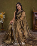 Black and Gold Sequin Embroidery Bordered Pure Tissue Kora Silk Saree — Draped