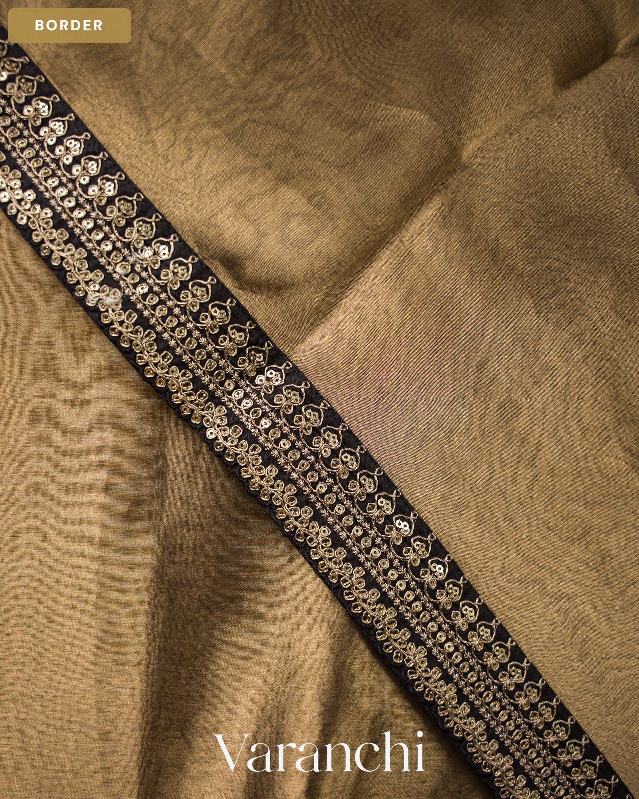 Black and Gold Sequin Embroidery Bordered Pure Tissue Kora Silk Saree — Border