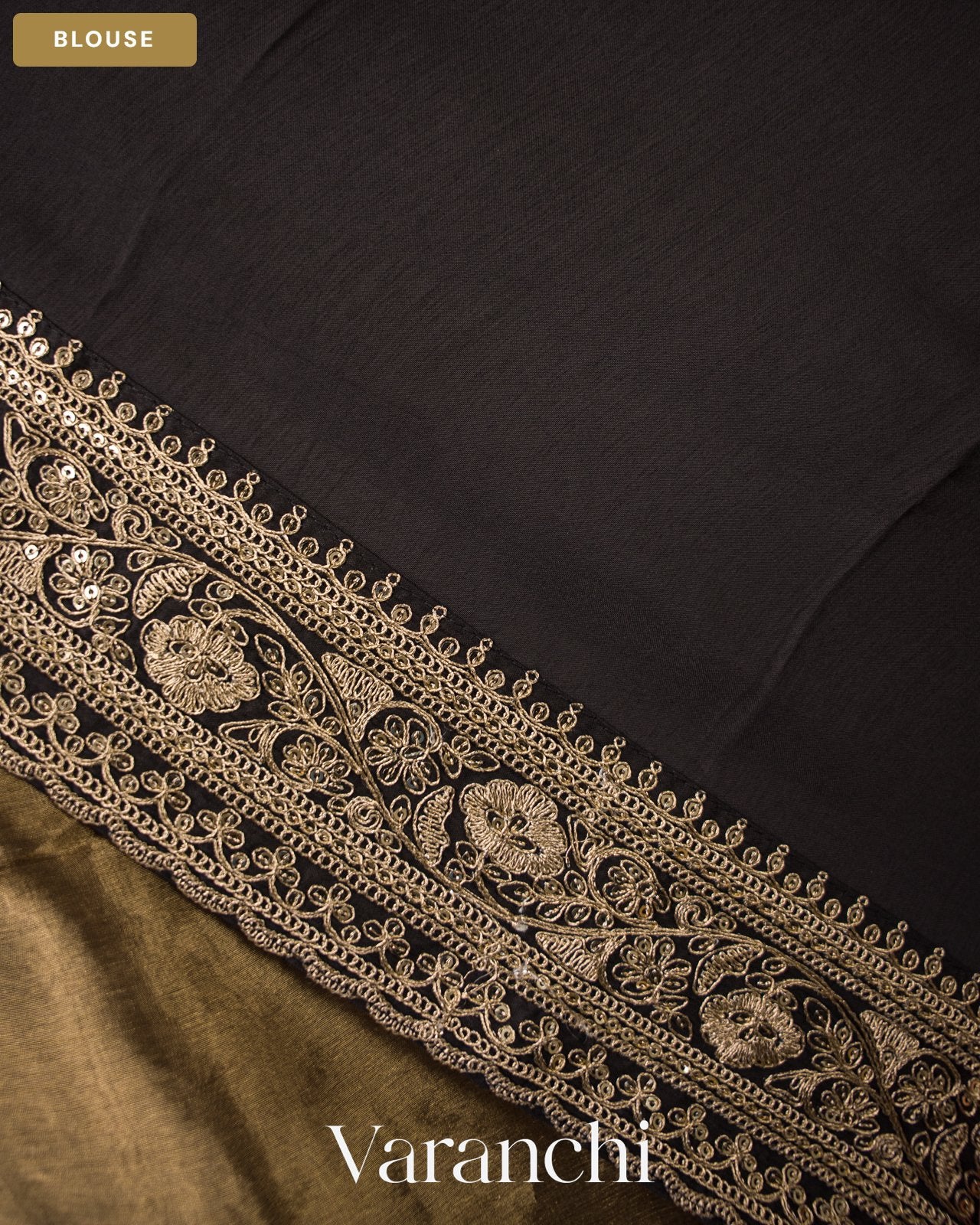 Black and Gold Sequin Embroidery Bordered Pure Tissue Kora Silk Saree — Blouse
