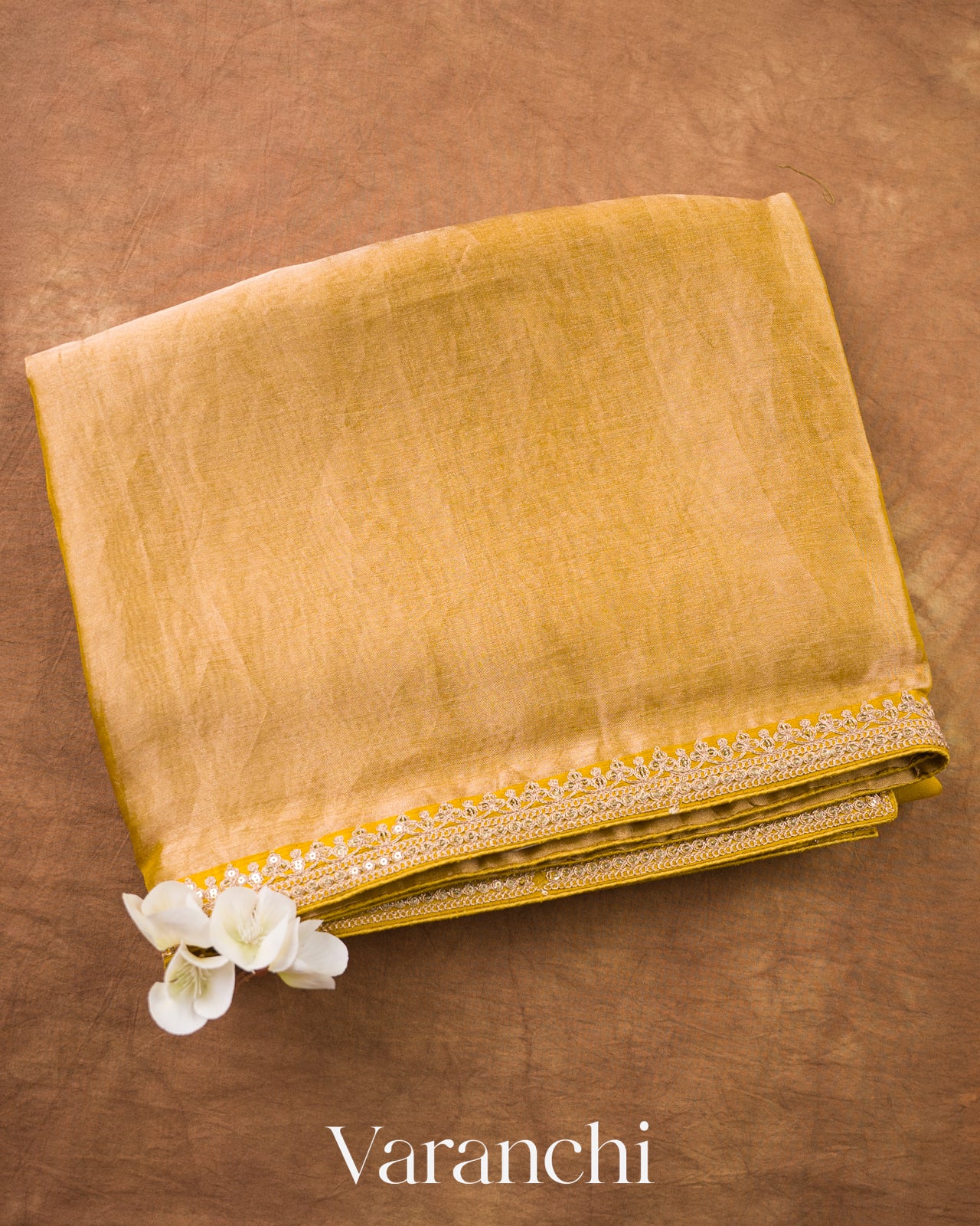 Mustard Yellow Sequin Embroidery Bordered Pure Tissue Kora Silk Saree — Folded