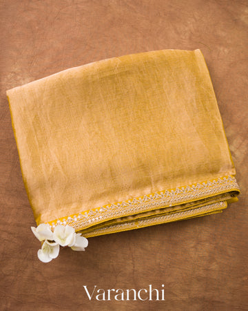 Mustard Yellow Sequin Embroidery Bordered Pure Tissue Kora Silk Saree — Folded