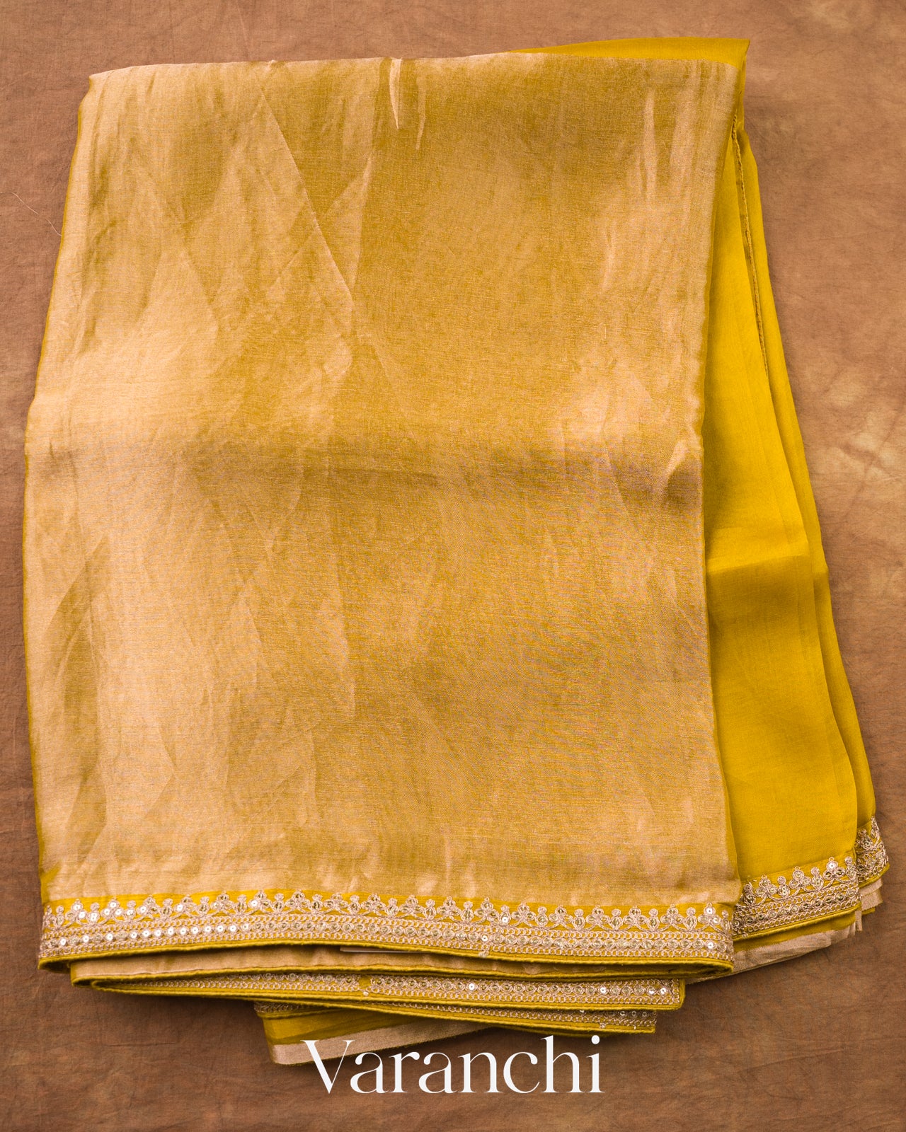 Mustard Yellow Sequin Embroidery Bordered Pure Tissue Kora Silk Saree — Full Saree
