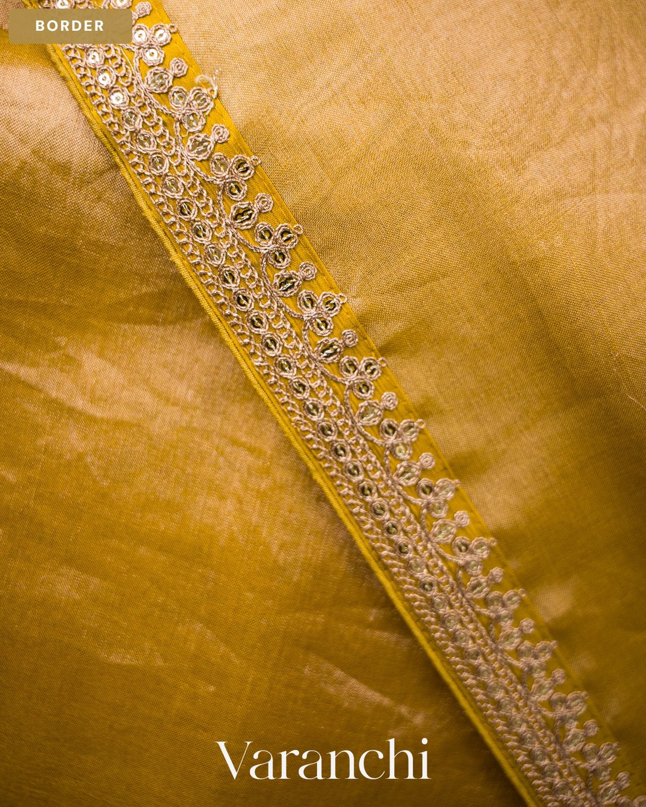 Mustard Yellow Sequin Embroidery Bordered Pure Tissue Kora Silk Saree — Border
