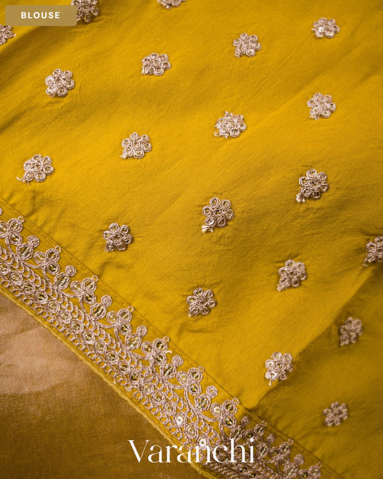 Mustard Yellow Sequin Embroidery Bordered Pure Tissue Kora Silk Saree — Blouse