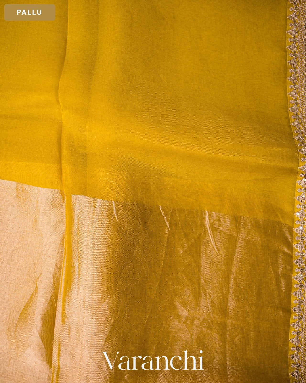 Mustard Yellow Sequin Embroidery Bordered Pure Tissue Kora Silk Saree — Pallu