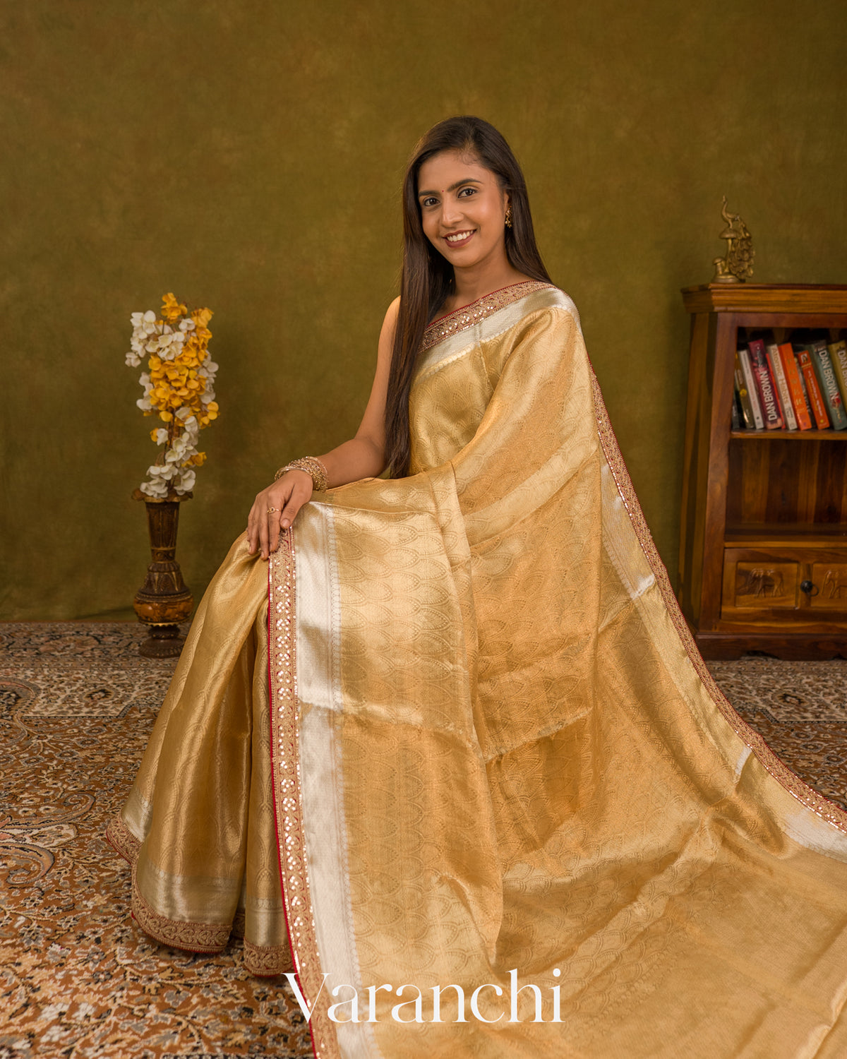Golden Yellow Brocade Lace Bordered Pure Tissue Kora Silk Saree — Draped