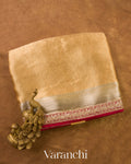 Golden Yellow Brocade Sequin Embroidery Bordered Pure Tissue Kora Silk Saree — Folded