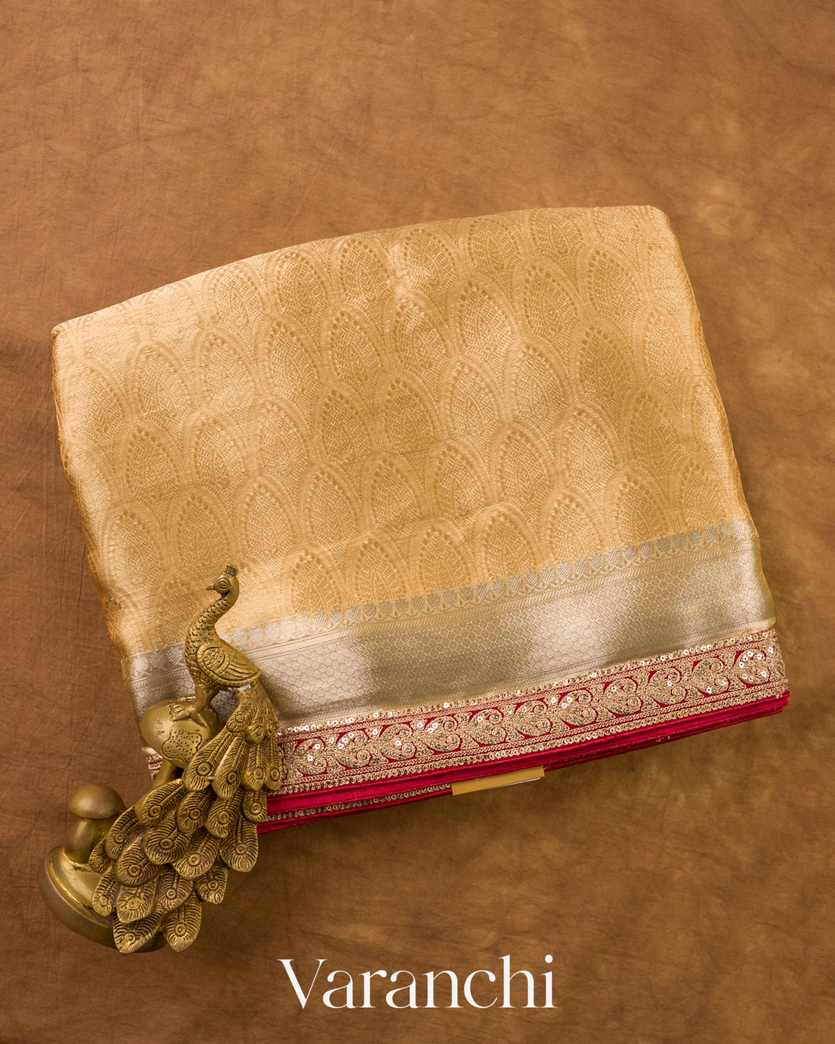 Golden Yellow Brocade Sequin Embroidery Bordered Pure Tissue Kora Silk Saree — Folded