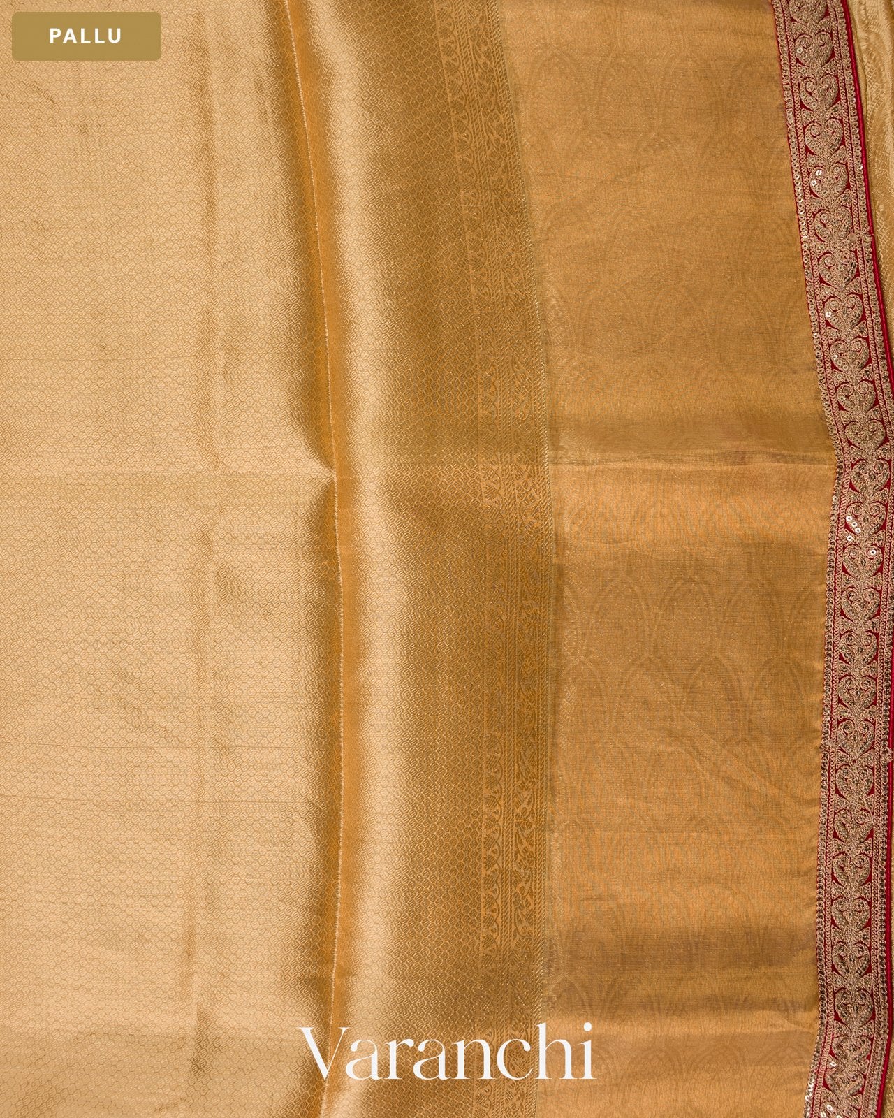 Golden Yellow Brocade Sequin Embroidery Bordered Pure Tissue Kora Silk Saree — Pallu