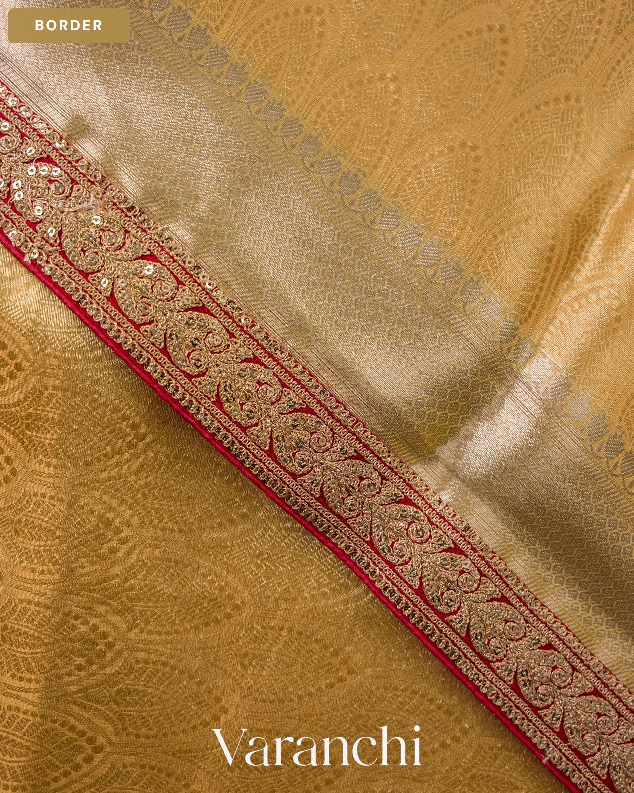 Golden Yellow Brocade Sequin Embroidery Bordered Pure Tissue Kora Silk Saree — Border