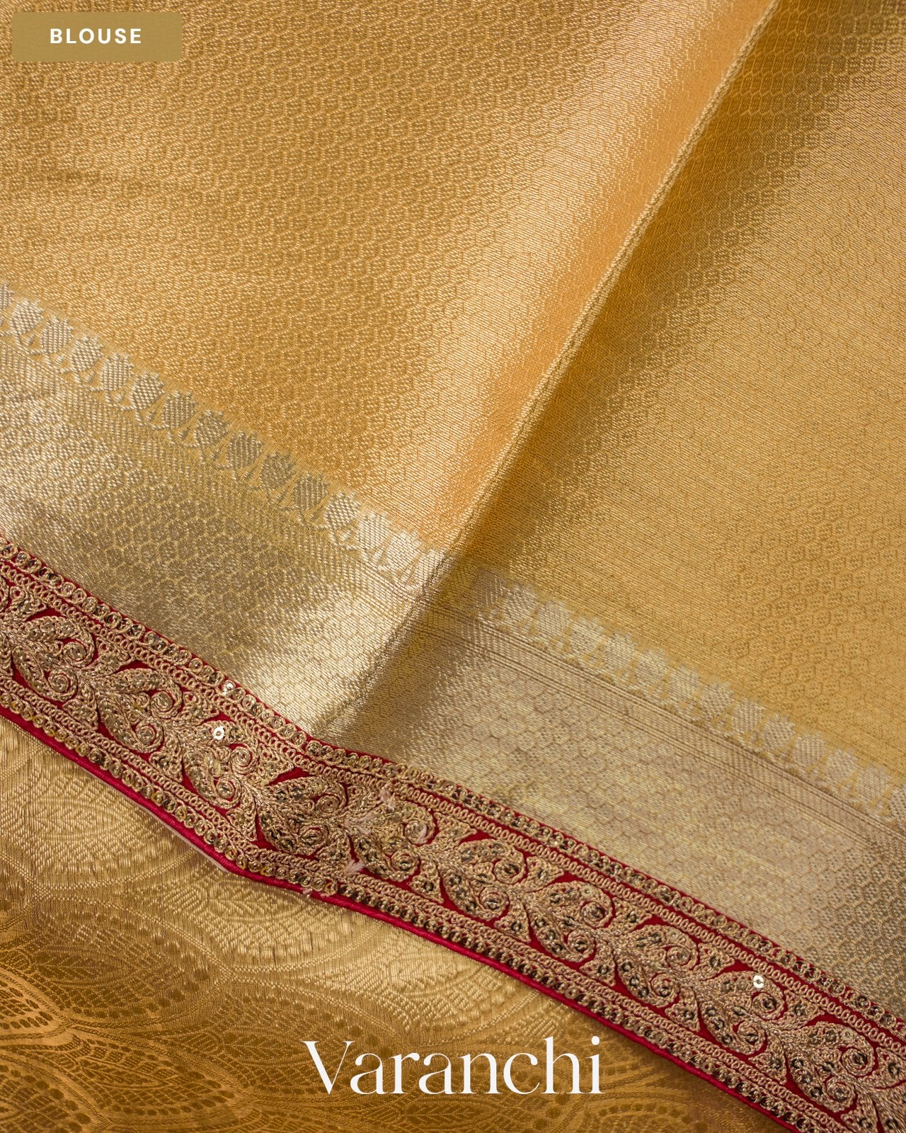 Golden Yellow Brocade Sequin Embroidery Bordered Pure Tissue Kora Silk Saree — Blouse