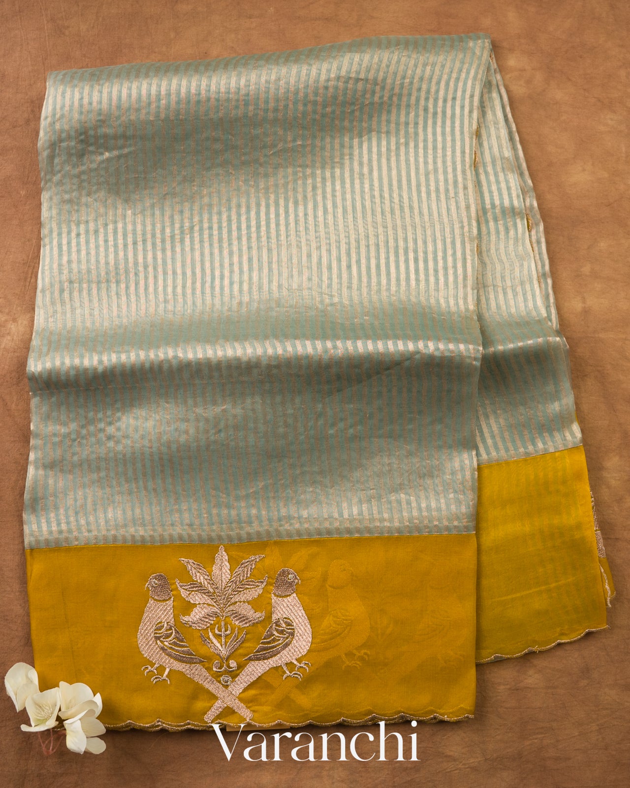 Powder Blue Tissue Striped and Embroidered Pure Kora Silk Saree — Full Saree