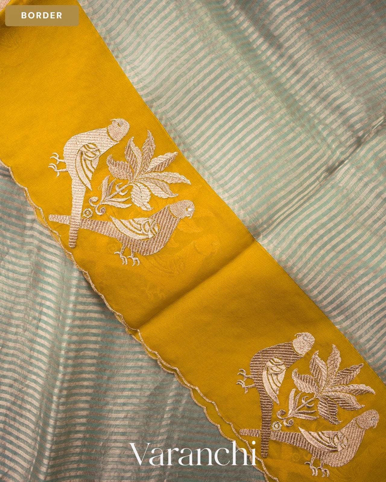 Powder Blue Tissue Striped and Embroidered Pure Kora Silk Saree — Border