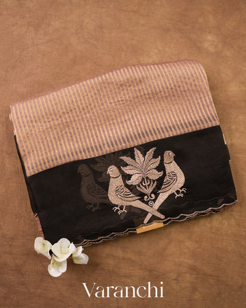 Rose Gold Tissue Striped and Embroidered Pure Kora Silk Saree — Folded