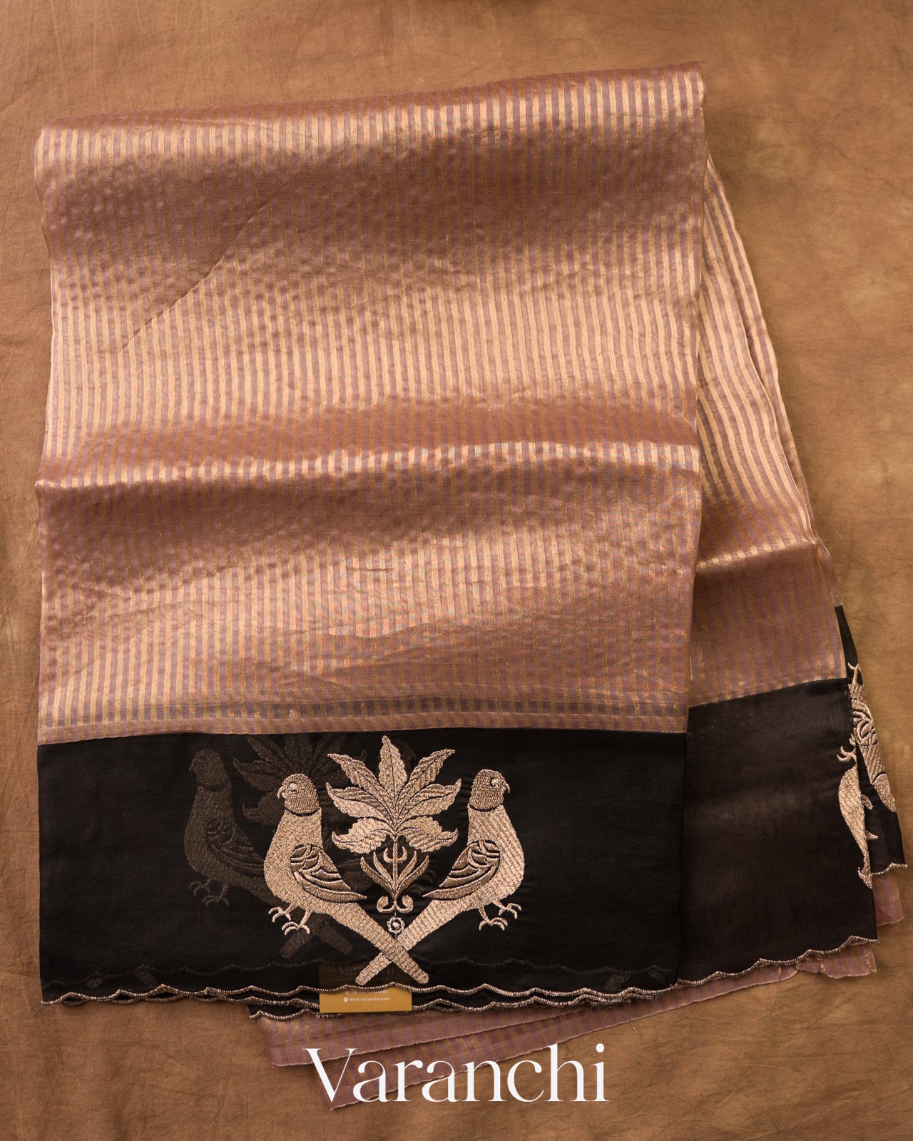Rose Gold Tissue Striped and Embroidered Pure Kora Silk Saree — Full Saree