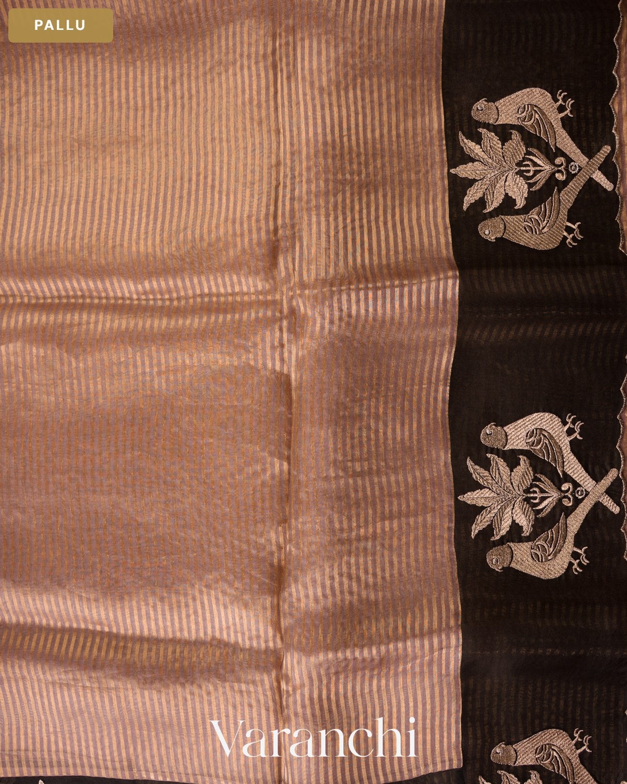 Rose Gold Tissue Striped and Embroidered Pure Kora Silk Saree — Pallu