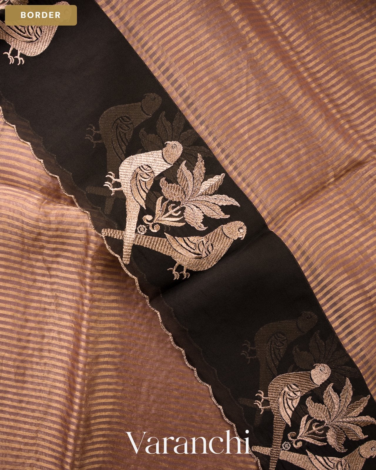 Rose Gold Tissue Striped and Embroidered Pure Kora Silk Saree — Border
