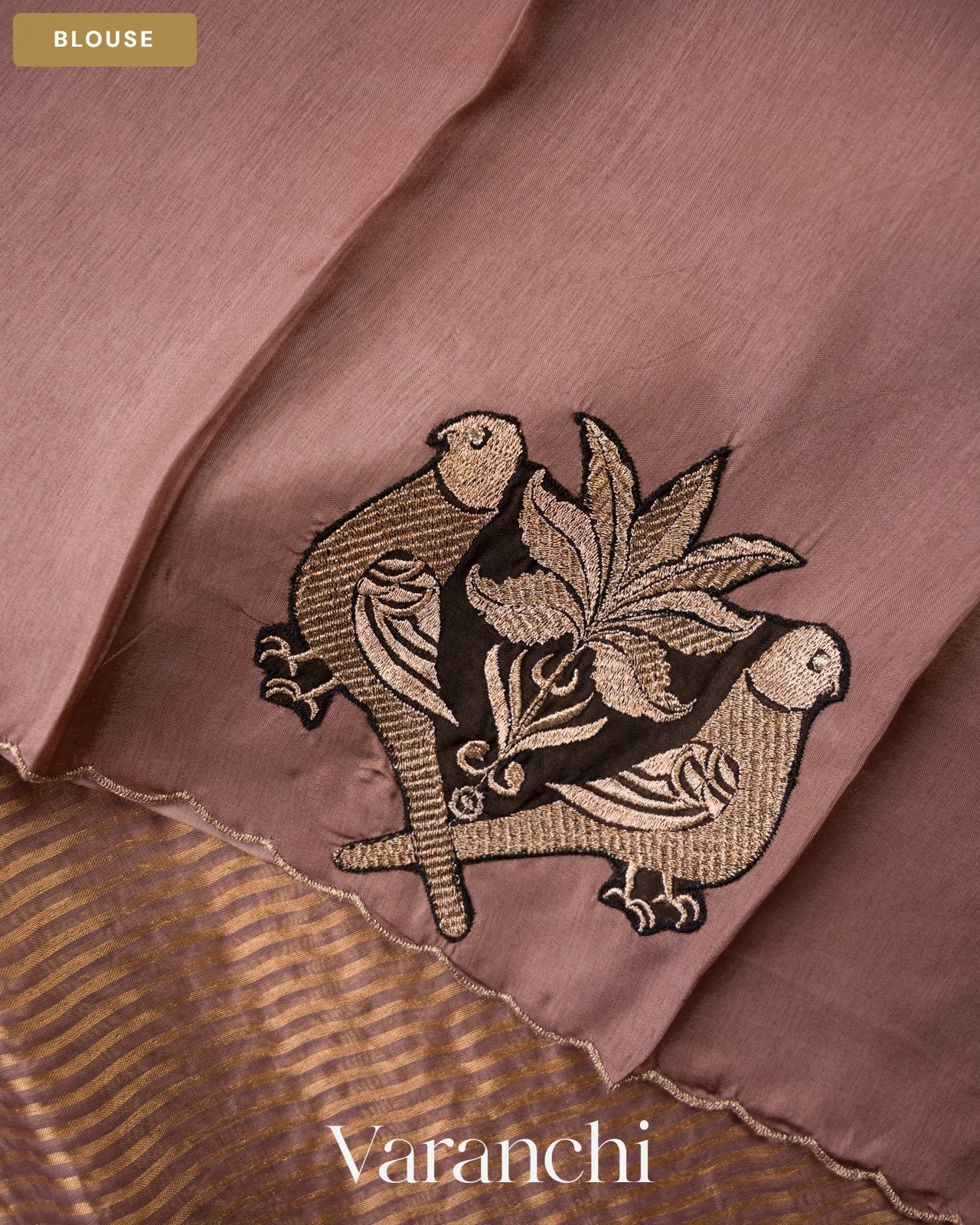 Rose Gold Tissue Striped and Embroidered Pure Kora Silk Saree — Blouse