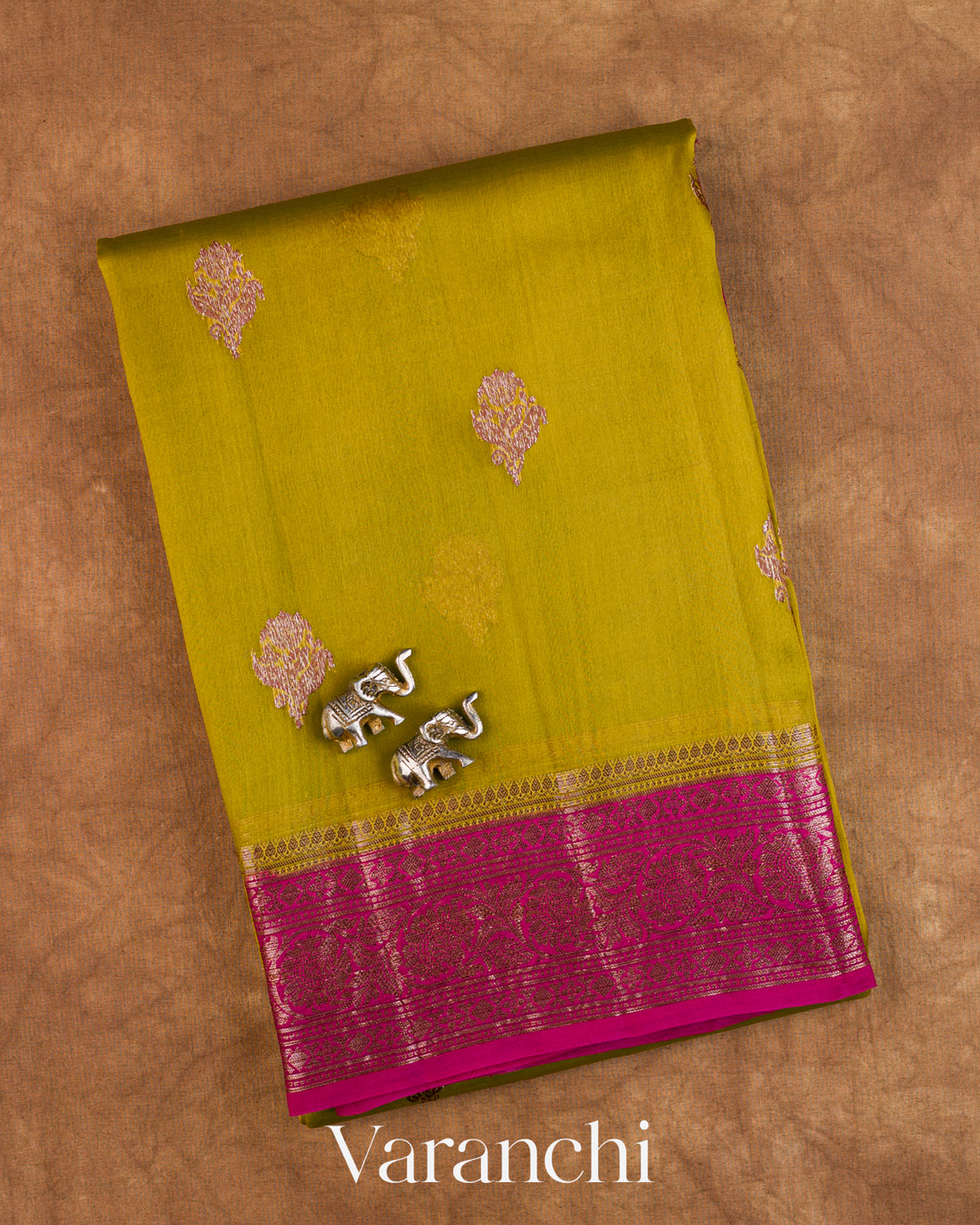 Mehandi Green Pure Kora Silk Handloom Saree — Folded