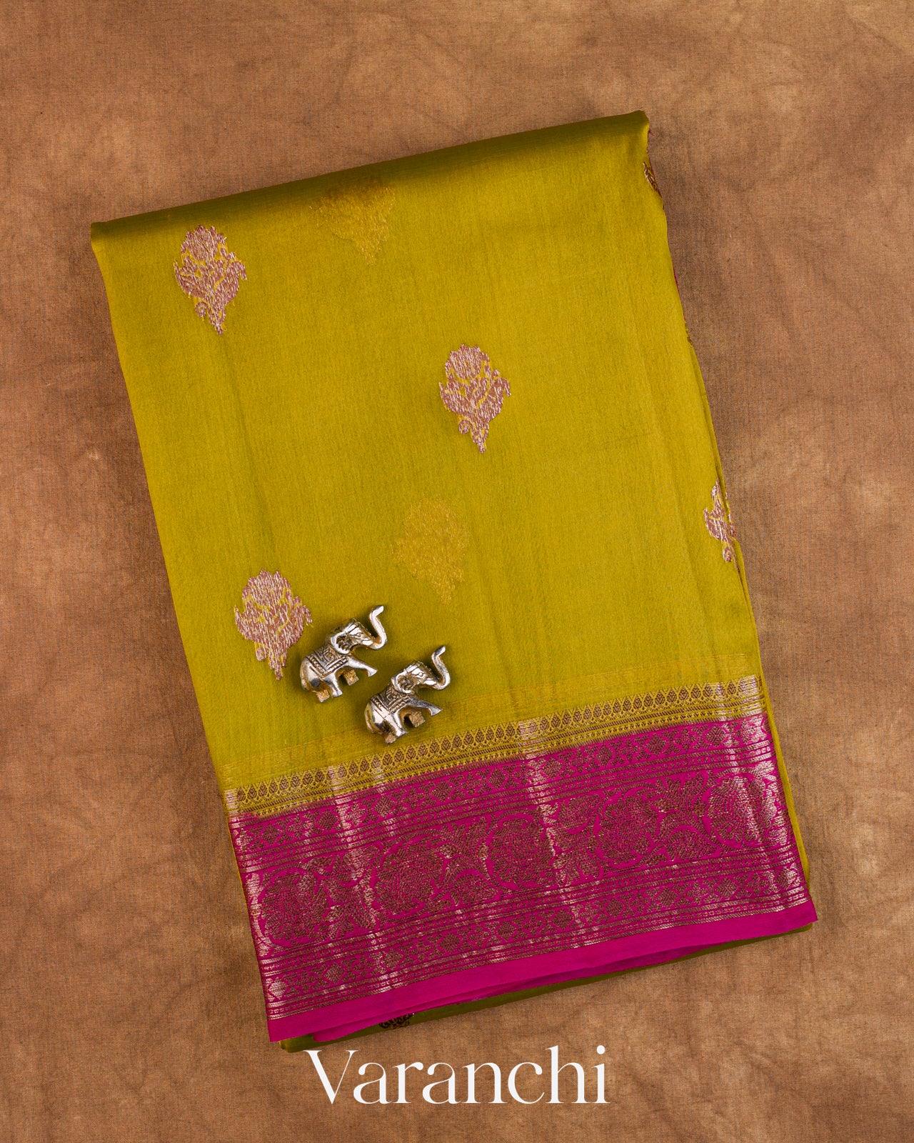 Mehandi Green Pure Kora Silk Handloom Saree — Folded