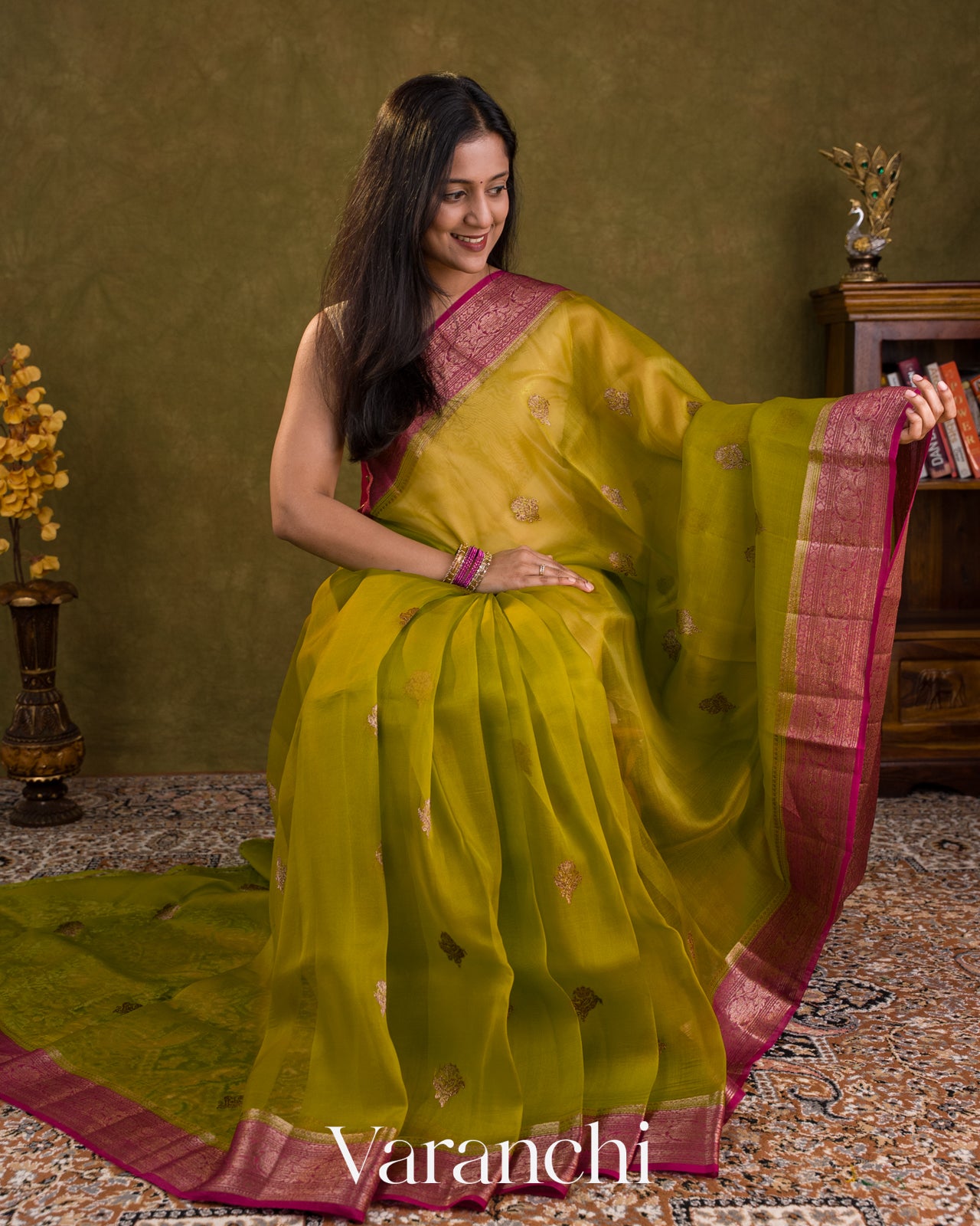 Mehandi Green Pure Kora Silk Handloom Saree — Draped