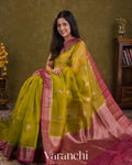 Mehandi Green Pure Kora Silk Handloom Saree — Draped