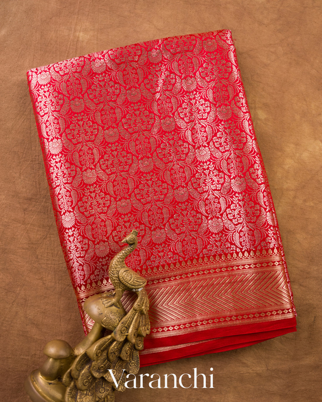 Crimson Red Brocade Pure Tissue Katan Silk Saree — Folded