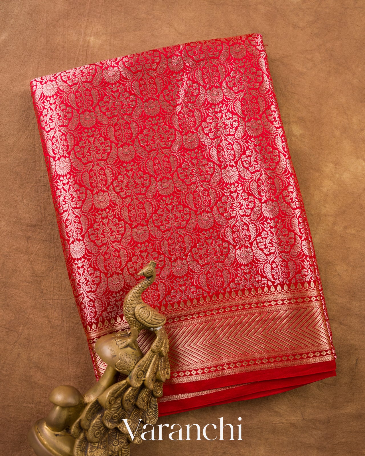 Crimson Red Brocade Pure Tissue Katan Silk Saree — Folded