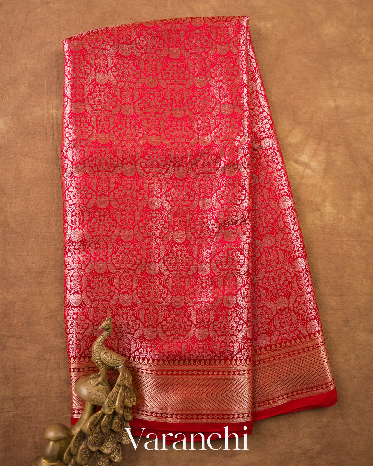 Crimson Red Brocade Pure Tissue Katan Silk Saree — Full Saree