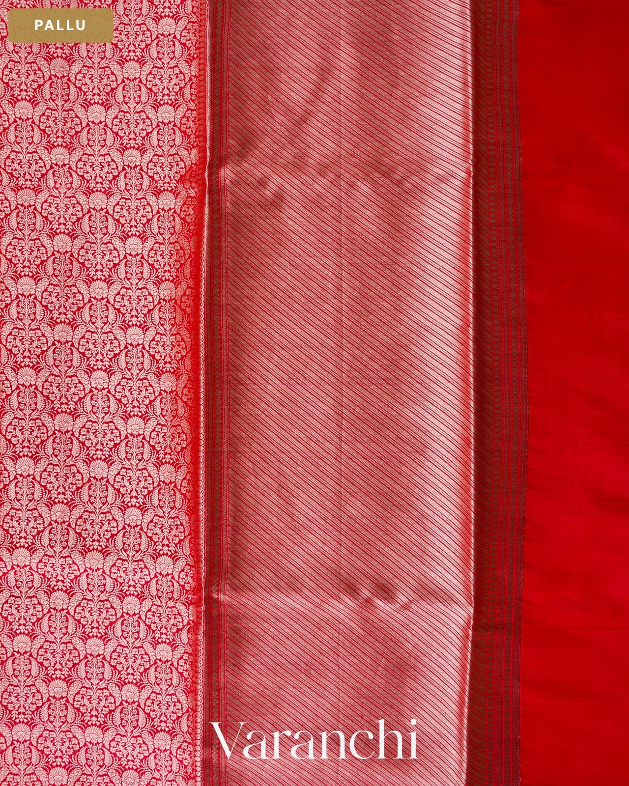 Crimson Red Brocade Pure Tissue Katan Silk Saree — Pallu