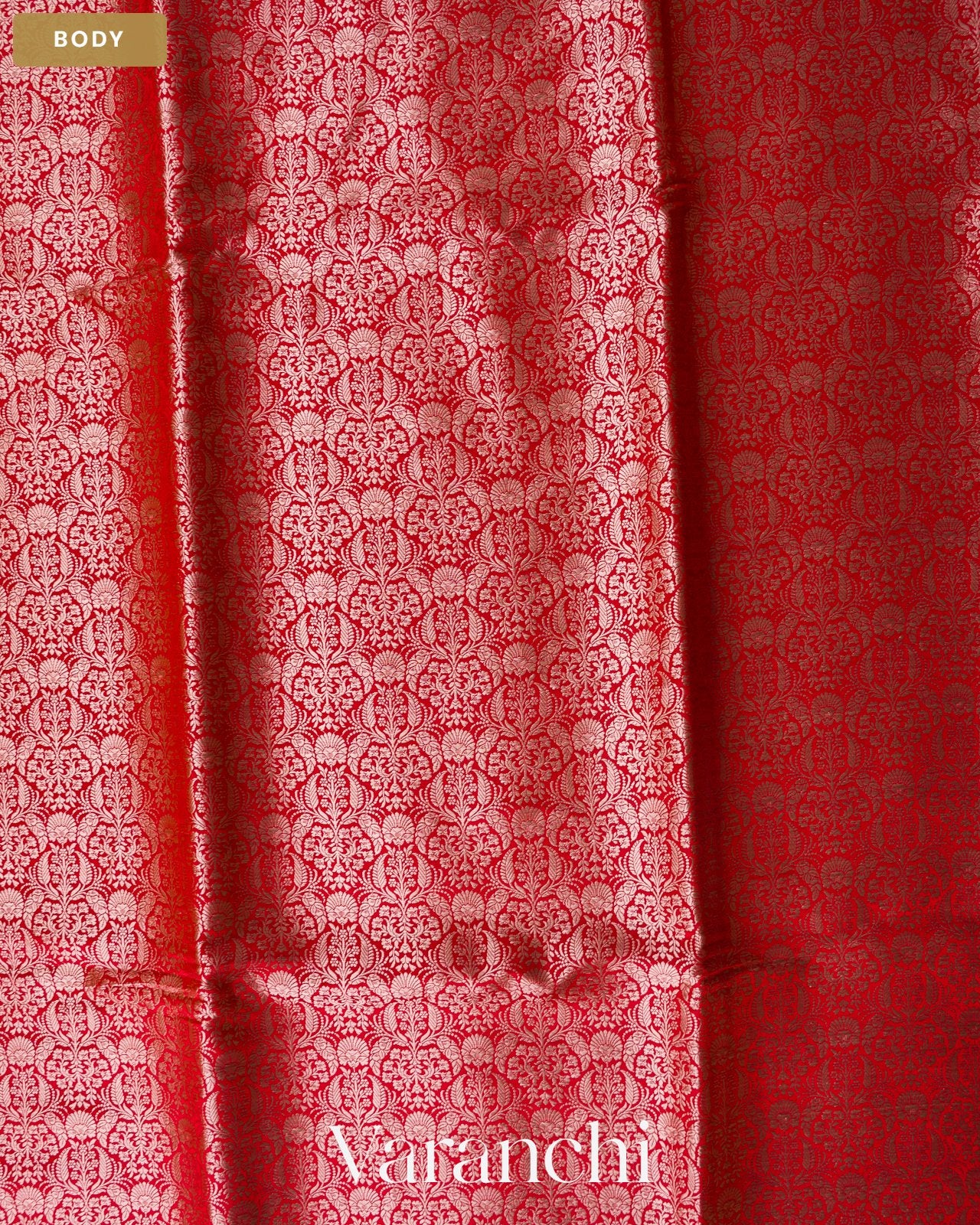 Crimson Red Brocade Pure Tissue Katan Silk Saree — Body