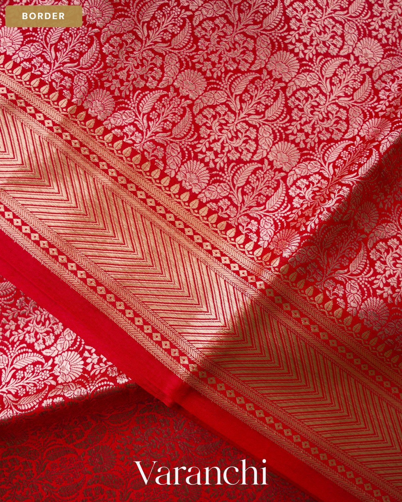 Crimson Red Brocade Pure Tissue Katan Silk Saree — Border