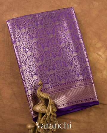 Royal Purple Brocade Pure Tissue Katan Silk Saree — Folded