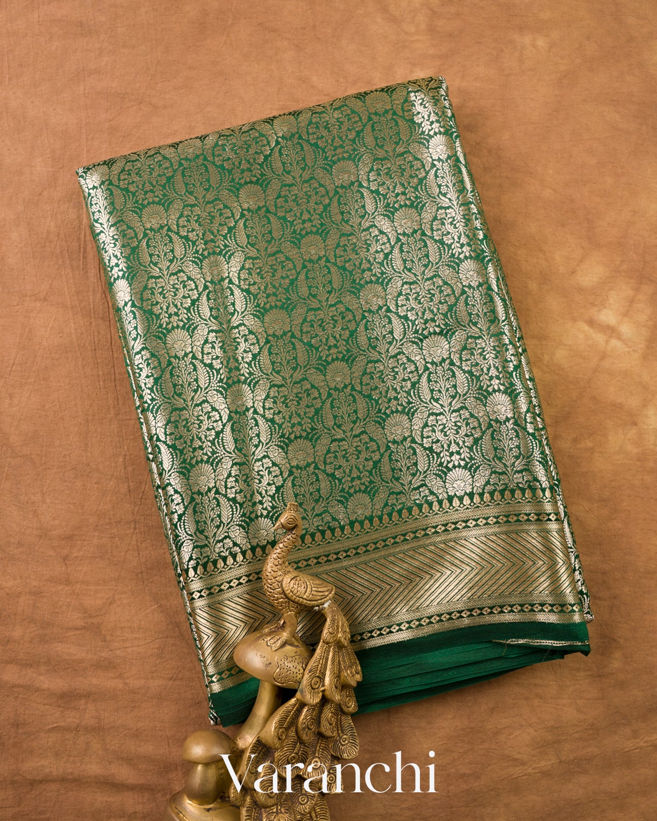 Bottle Green Brocade Pure Tissue Katan Silk Saree — Folded