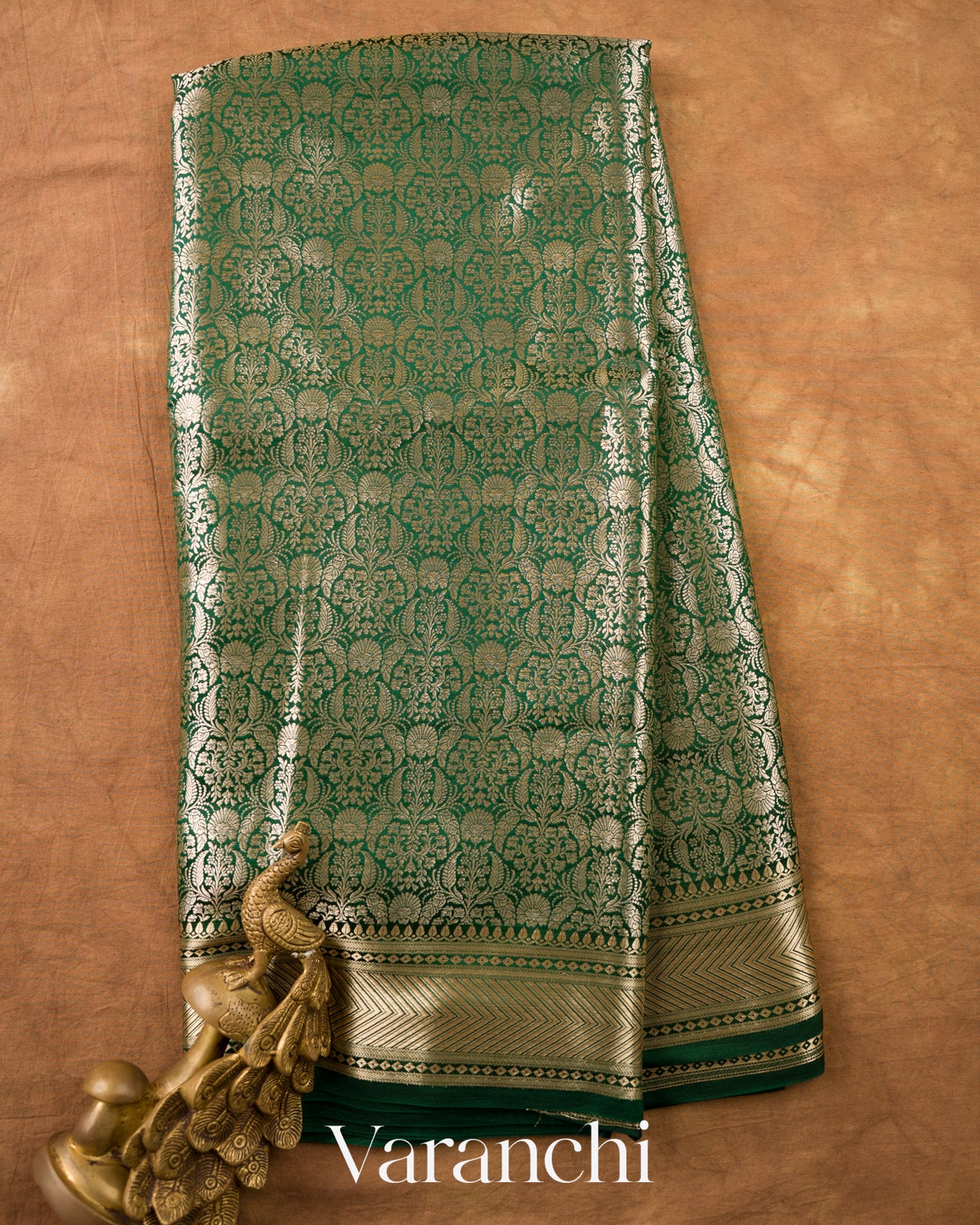 Bottle Green Brocade Pure Tissue Katan Silk Saree — Full Saree
