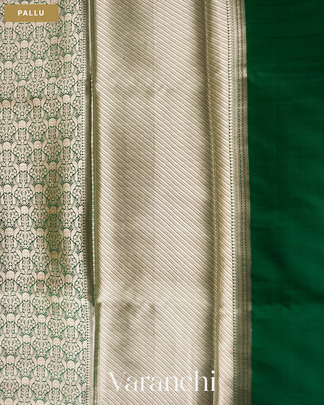Bottle Green Brocade Pure Tissue Katan Silk Saree — Pallu