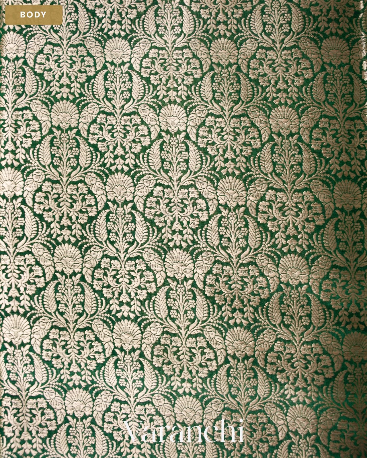 Bottle Green Brocade Pure Tissue Katan Silk Saree — Body