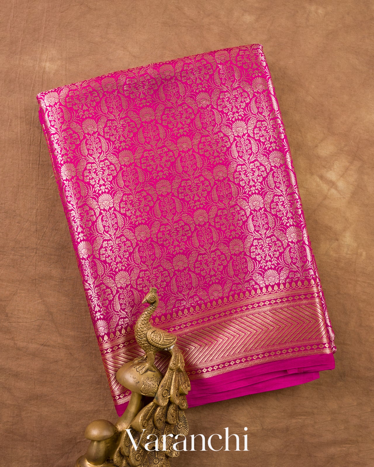 Rani Pink Brocade Pure Tissue Katan Silk Saree — Folded