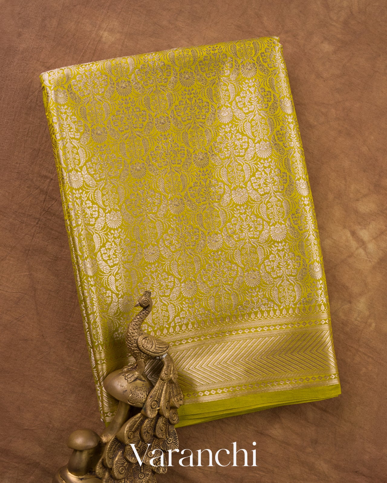Lemon Yellow Brocade Pure Tissue Katan Silk Saree — Folded