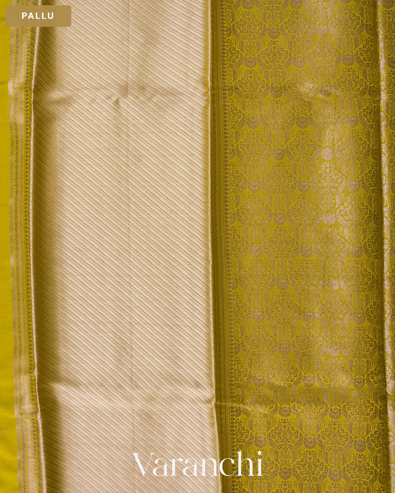 Lemon Yellow Brocade Pure Tissue Katan Silk Saree — Pallu