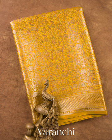 Marigold Yellow Brocade Pure Tissue Katan Silk Saree — Folded