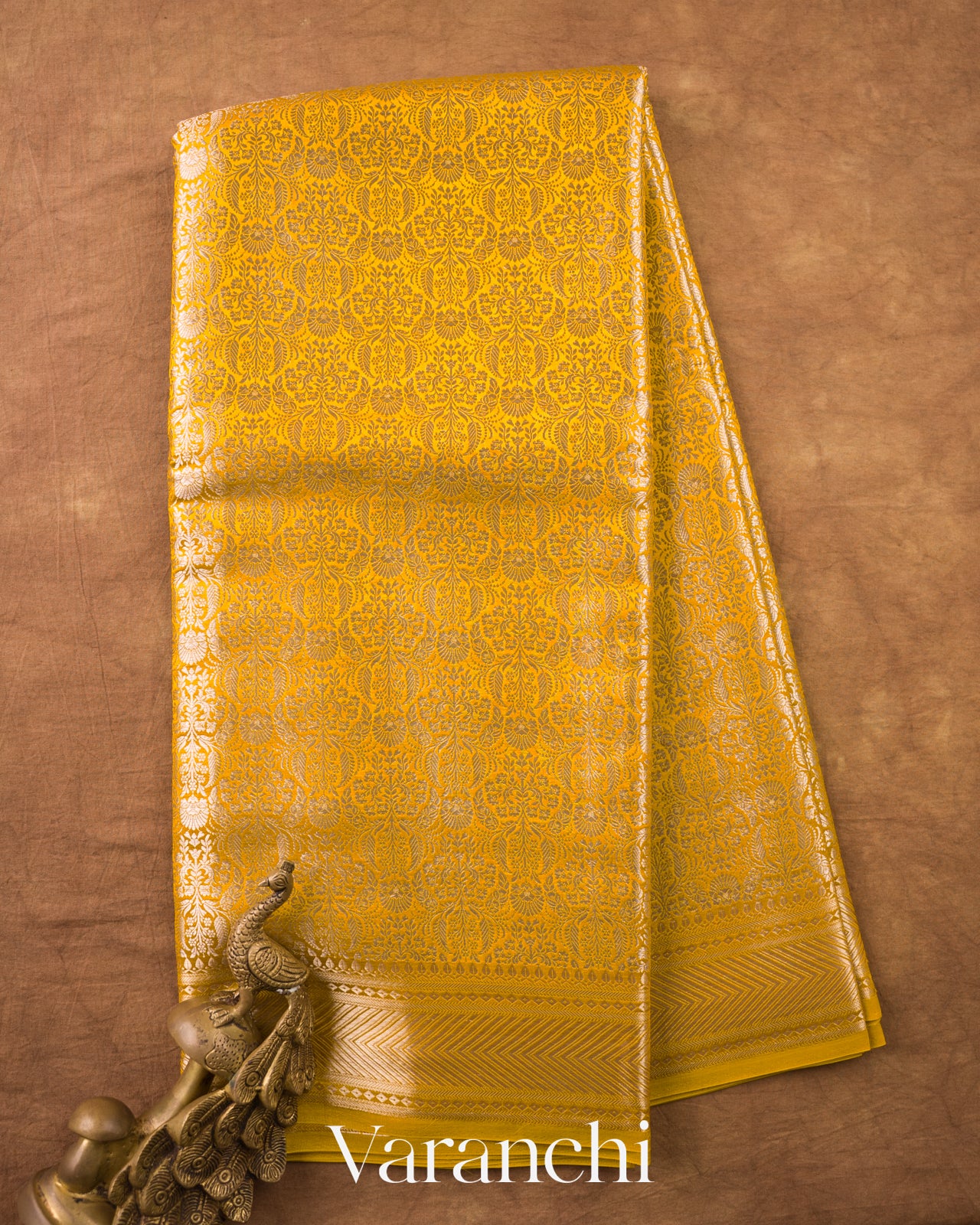 Marigold Yellow Brocade Pure Tissue Katan Silk Saree — Full Saree