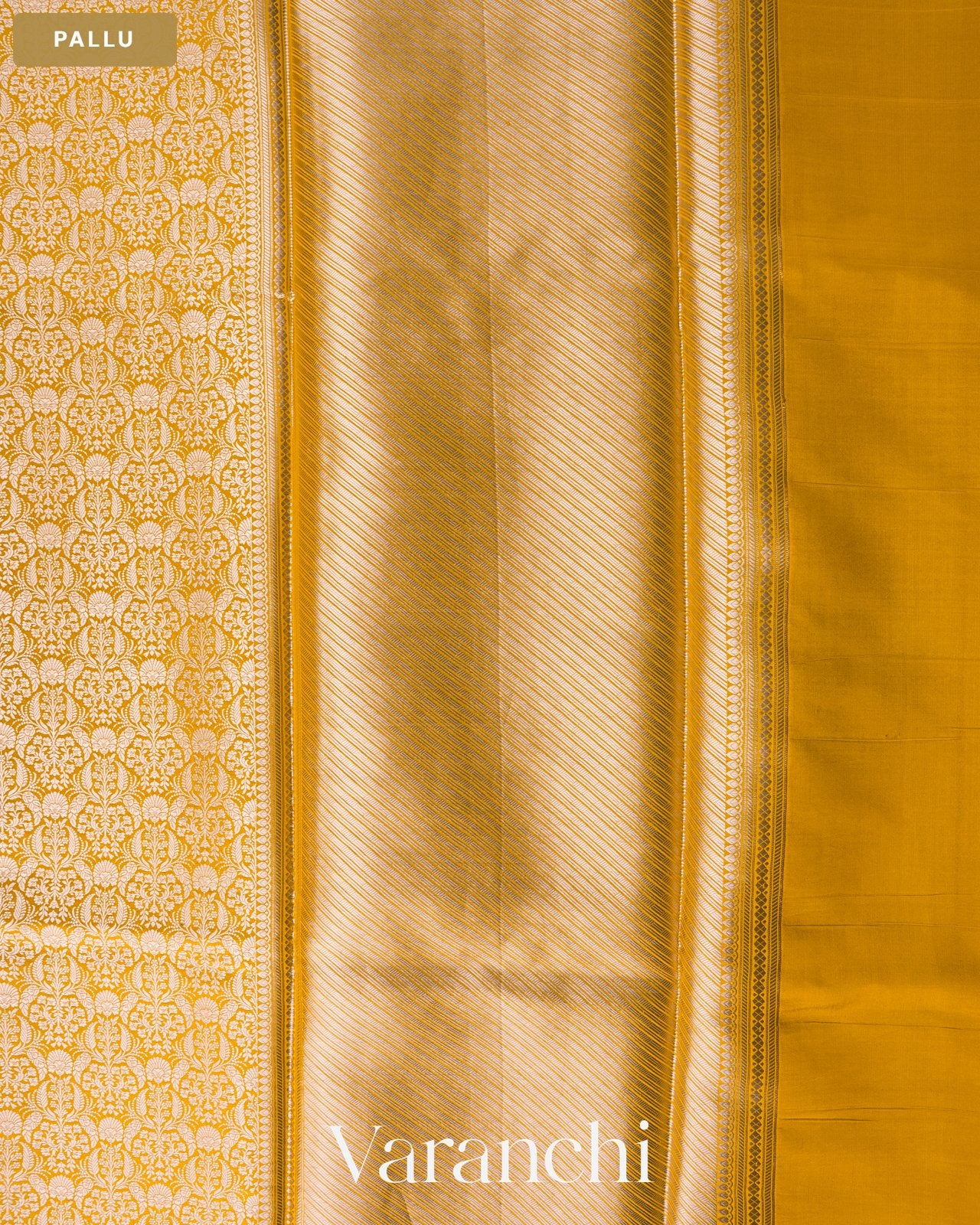 Marigold Yellow Brocade Pure Tissue Katan Silk Saree — Pallu