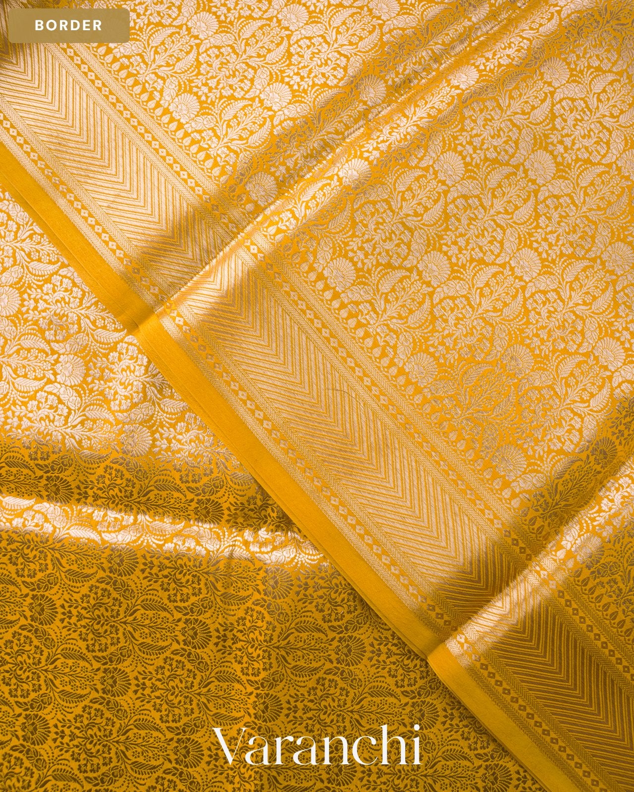 Marigold Yellow Brocade Pure Tissue Katan Silk Saree — Border