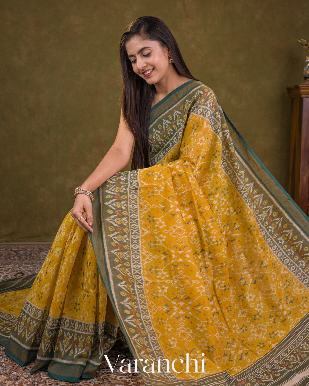 Sun Flower Yellow Pure Rajkot Patola Silk Handloom Saree — Draped