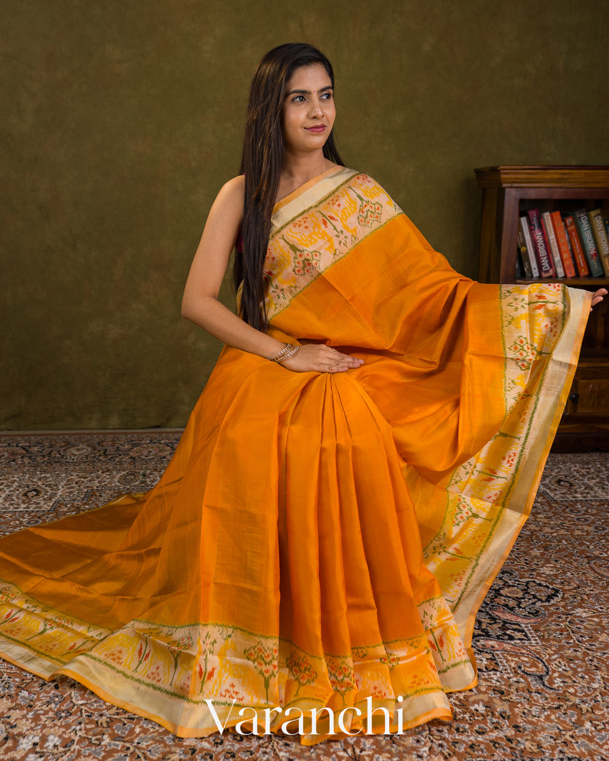 Amber Yellow Pure Rajkot Patola Silk Handloom Saree — Draped