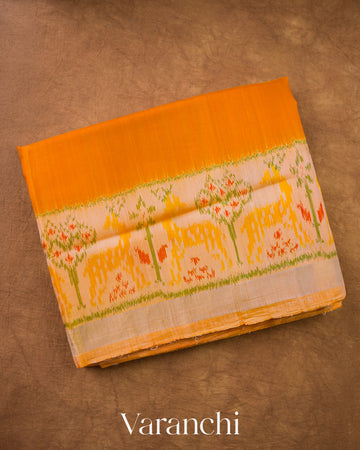 Amber Yellow Pure Rajkot Patola Silk Handloom Saree — Folded