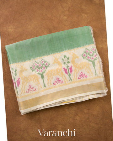 Sage Green Ikat Pure Rajkot Patola Silk Handloom Saree — Folded