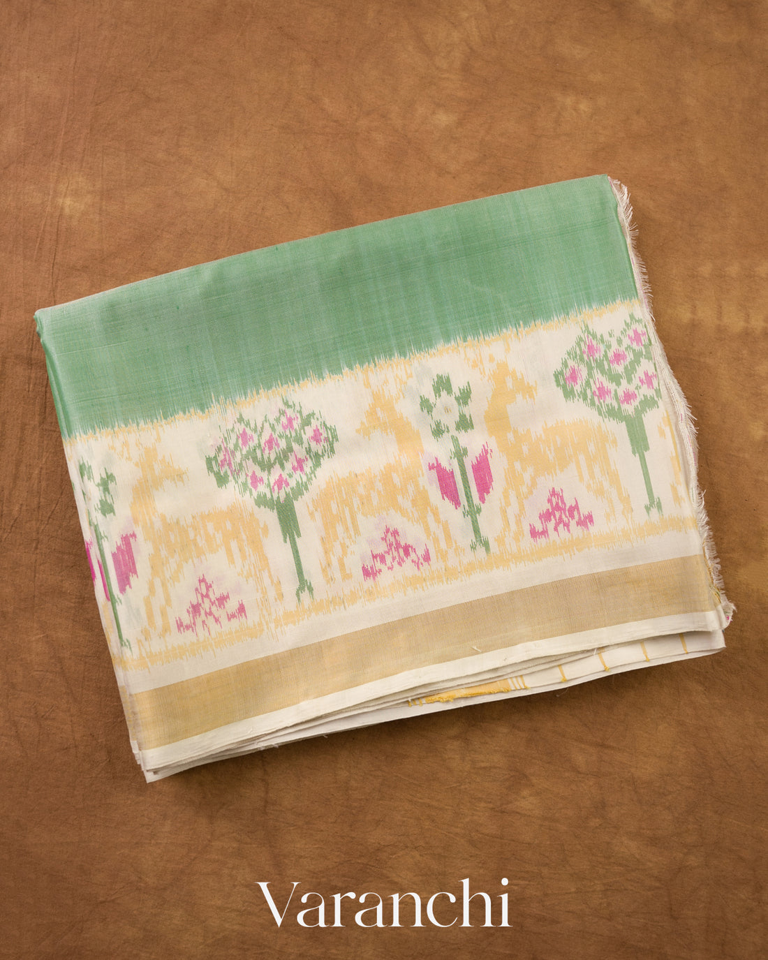 Sage Green Pure Rajkot Patola Silk Handloom Saree — Folded